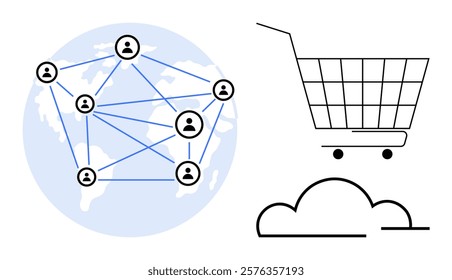 Two main elements, a connected network of people over a map of the world and a shopping cart with a cloud. Ideal for online business, globalization of trade, cloud storage, digital marketing