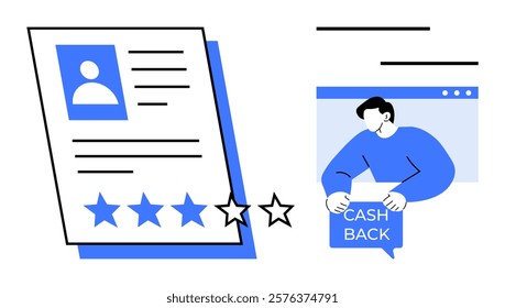 Two main elements a customer review with star ratings and a person receiving cash back. Ideal for marketing, customer reviews, feedback systems, ecommerce, loyalty programs. Minimalist modern style