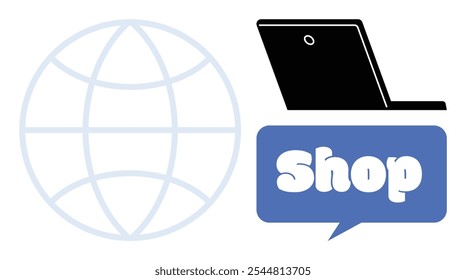 Two main elements include a light blue globe, and a black laptop next to a blue speech bubble reading Shop. Ideal for online retail, digital marketing, e-commerce, global business, and website