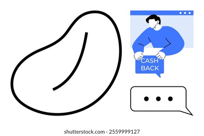 Two main elements include a person holding a cash back sign on a screen and a chat bubble icon. Simple abstract style with bold lines and minimal detail. Ideal for customer service, online shopping