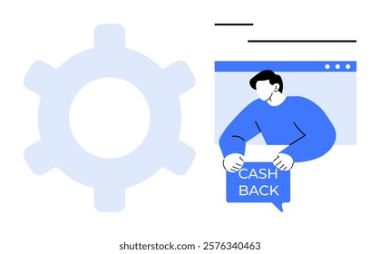 Two main elements a large gear and a person holding a cashback sign. Ideal for themes cashback, technology integration, finance, online shopping, and promotional marketing. Clean modern simple style