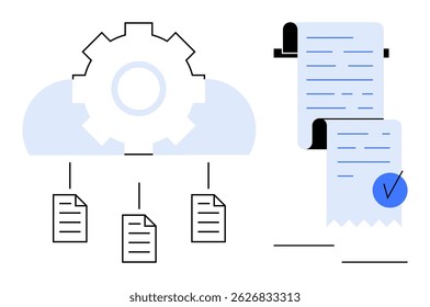 Two main elements. On left - gear depicting cloud computing and file storage. On right - scroll with checkmark showing receipt verification. Ideal for cloud storage, document management, file