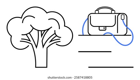 Two main elements a tree and a briefcase, connected by blue lines, suggesting a relationship. Ideal for eco-friendly initiatives, sustainable business practices, environmental awareness, corporate