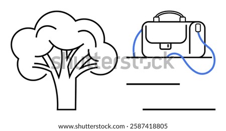 Two main elements a tree and a briefcase, connected by blue lines, suggesting a relationship. Ideal for eco-friendly initiatives, sustainable business practices, environmental awareness, corporate