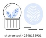 Two main elements are visible a plant inside a glass dome and a fingerprint. Ideal for environmental secu , eco-technolog advancements, sustainable innovation, biometric technology, plant