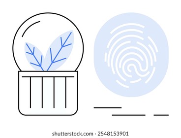 Two main elements are visible a plant inside a glass dome and a fingerprint. Ideal for environmental secu , eco-technolog advancements, sustainable innovation, biometric technology, plant