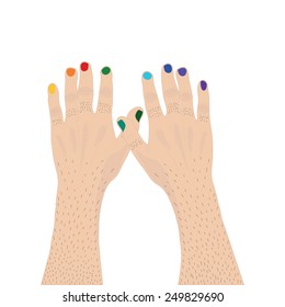 Two mainly hands with nails painted the color of the rainbow to represent the concept of transgender