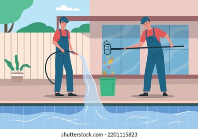 Two maintenance service workers removing leaves and cleaning swimming pool flat vector illustration