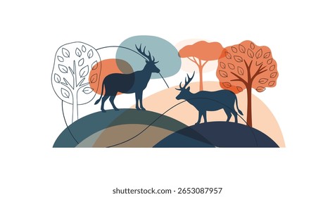Dois Majestic Deer Stand em Rolling Hills Cercado por Árvores de outono e formas abstratas Criando uma cena natural pacífica