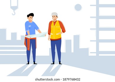Two male architects-engineers discuss blueprints of a building against construction background. A man wearing a hard hat, modern flat design.