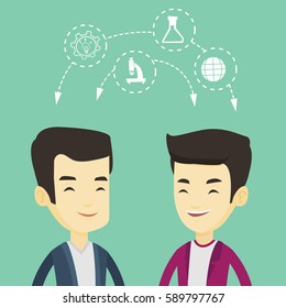 Two male asian students sharing with the ideas during brainstorming. Young happy students brainstorming. Concept of brainstorming in education. Vector flat design illustration. Square layout.