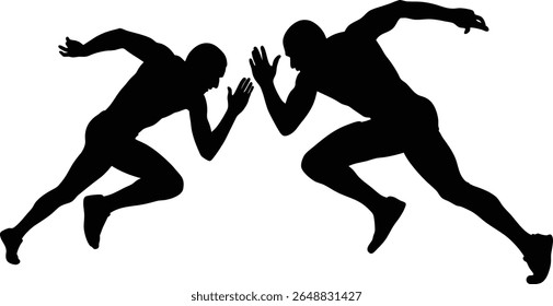 Two male athletes are depicted in a silhouette style, in a starting position for a sprint race