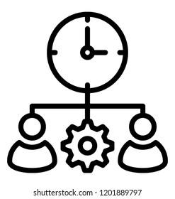 Two male avatar with clock and cog symbolic of time management 