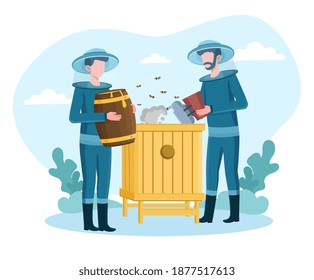 Two male beekeepers at the apiary holding barrel with honey. Men collecting honey kept in barrels with bees flying around them. Cartoon flat vector illustration
