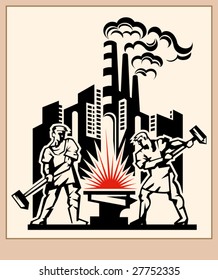 Two male blacksmiths stand at an anvil with a working factory in the background. Logo in industrial and minimalist style.