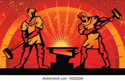 Two male blacksmiths stand at an anvil with a working factory in the background.    Symbolic vector illustration in minimalist style.