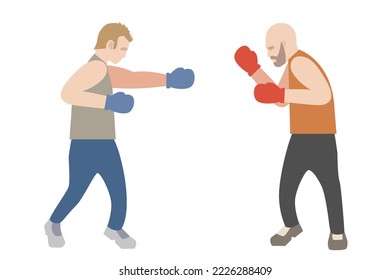 Two male boxers fighting against each other. Box fighters on left and right corners flat style illustration.