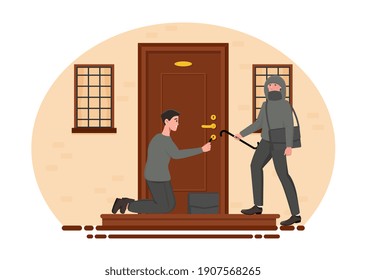 Two male burglars breaking into house with master key. Concept of home break-in and lockpicking. Thief opens interior door. Flat cartoon vector illustration