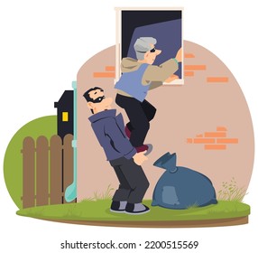 Two male burglars in masks breaking in window. Funny people. Illustration concept template for website, web landing page, banner, presentation, social, poster, promotion or print media.