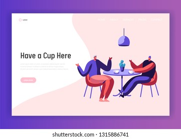 Two Male Businessman Colleague Chatting during Cup of Coffee or Tea Break at Cafe Table Landing Page. Man Friend Dialog Guy Meeting Website Template. Flat Cartoon Vector Illustration