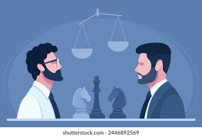 Two male businessmen are negotiating. Concept of successful business negotiations, negotiation skills, cooperation, partnership, balance, benefit. Vector illustration in blue color.