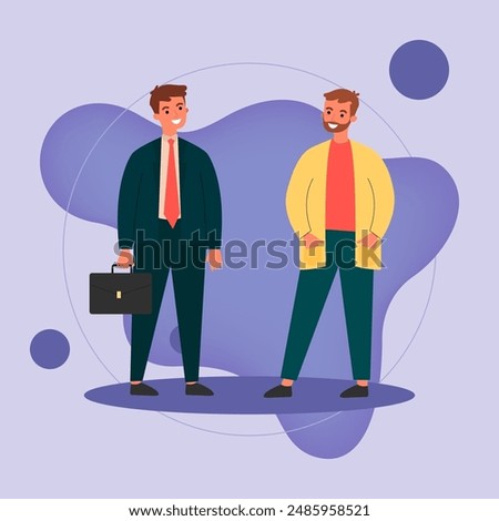 Two male cartoon characters talking vector illustration. Businessman in suit with briefcase and middle-aged man in casual clothes. Vector illustration for conversation, communication concept