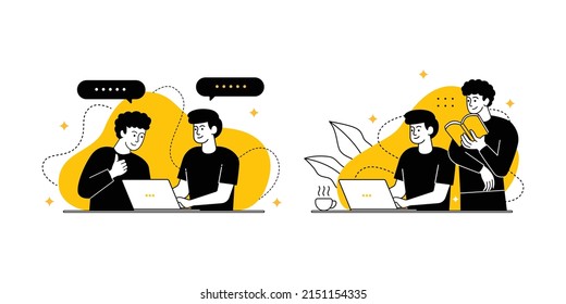 two male character doing collaboration work illustration