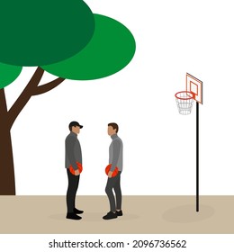Two male characters with basketballs in their hands standing near a basketball hoop outdoors