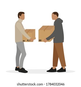 Two male characters with boxes in hands on a white background