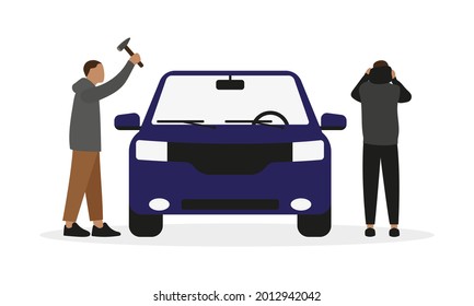 Two male characters break someone else's car on a white background