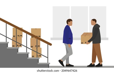 Dos personajes masculinos con cajas de cartón parados cerca de las escaleras