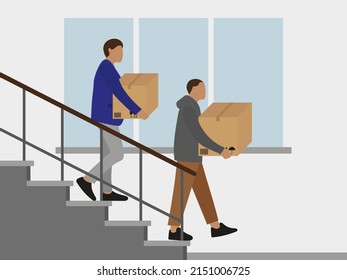 Dos personajes masculinos con cajas de cartón en sus manos bajan las escaleras