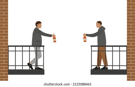 Two male characters clink bottles of alcohol while standing on opposite balconies