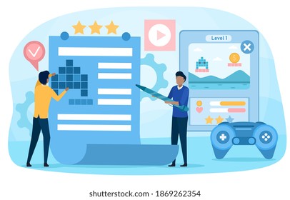 Two male characters designing game. Abstract concept of creative game design development. Digital technology, programming and codding. Flat cartoon vector illustration