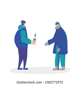 Two male characters different age dressed in winter clothes standing opposite each other and talking. Grandfather have a conversation with his grandson isolated on white background. 