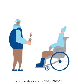 Two male characters dressed in winter clothes opposite each other. Person in a wheelchair have a conversaion with his friend isolated on white background. Vector flat cartoon illustration.