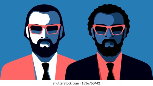 Two male characters. European and African bearded man wearing suit, tie and sunglasses. Abstract portraits of businessmen. Vector illustration