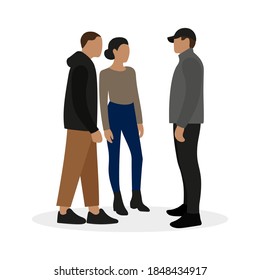 Two male characters and a female character on a white background