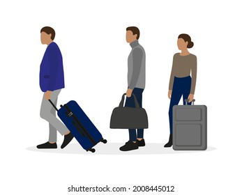 Two male characters and a female character are standing with luggage in their hands on a white background