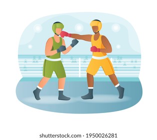 Two male characters are fighting on boxing match in ring. Professional boxers in sportswear and equipment having battle. Big spectacular show event. Flat cartoon vector illustration