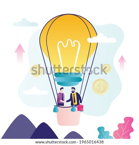 Two male characters flying in large hot air balloon. Employee shakes hand of businessman. Cartoon men make business deal or cooperation. Concept of teamwork and collaboration. Flat vector illustration