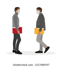 Dos personajes masculinos con carpetas para documentos en las manos y con máscaras médicas se unen en un fondo blanco