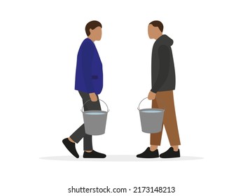 Two male characters with full buckets of water stand and look at each other on a white background