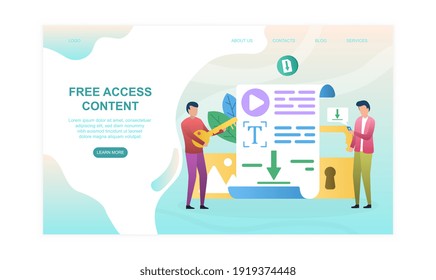 Two male characters are getting free access content. Men standing with key and smartphone near text page. Website, web page, landing page template. Flat cartoon vector illustration