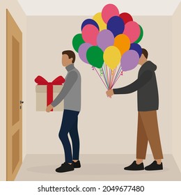 Two Male Characters With A Gift Box And Balloons Standing In Front Of A Closed Door