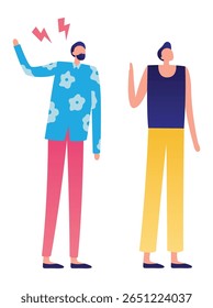 Two male characters having conflict, angry man quarreling with calm person gesturing with hands, disagreement and misunderstanding in communication, dispute between friends or colleagues at work