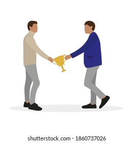Two male characters holding one golden cup isolated on white background