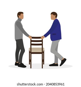 Two male characters holding one chair on a white background