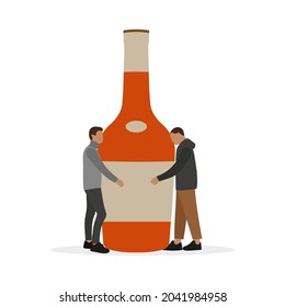 Two male characters hugging a huge bottle of alcohol on a white background