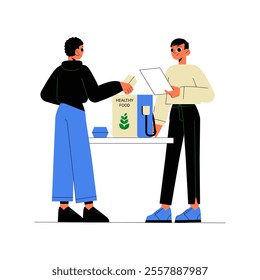 Two Male Characters Interacting Over A Healthy Food Product At A Counter In Flat Vector Illustration Symbolizing Sustainable Consumption And Sales, Isolated On White Background